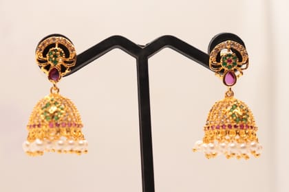 Jhumka Earrings with Ruby and Emerald Stones and Pearl Drops