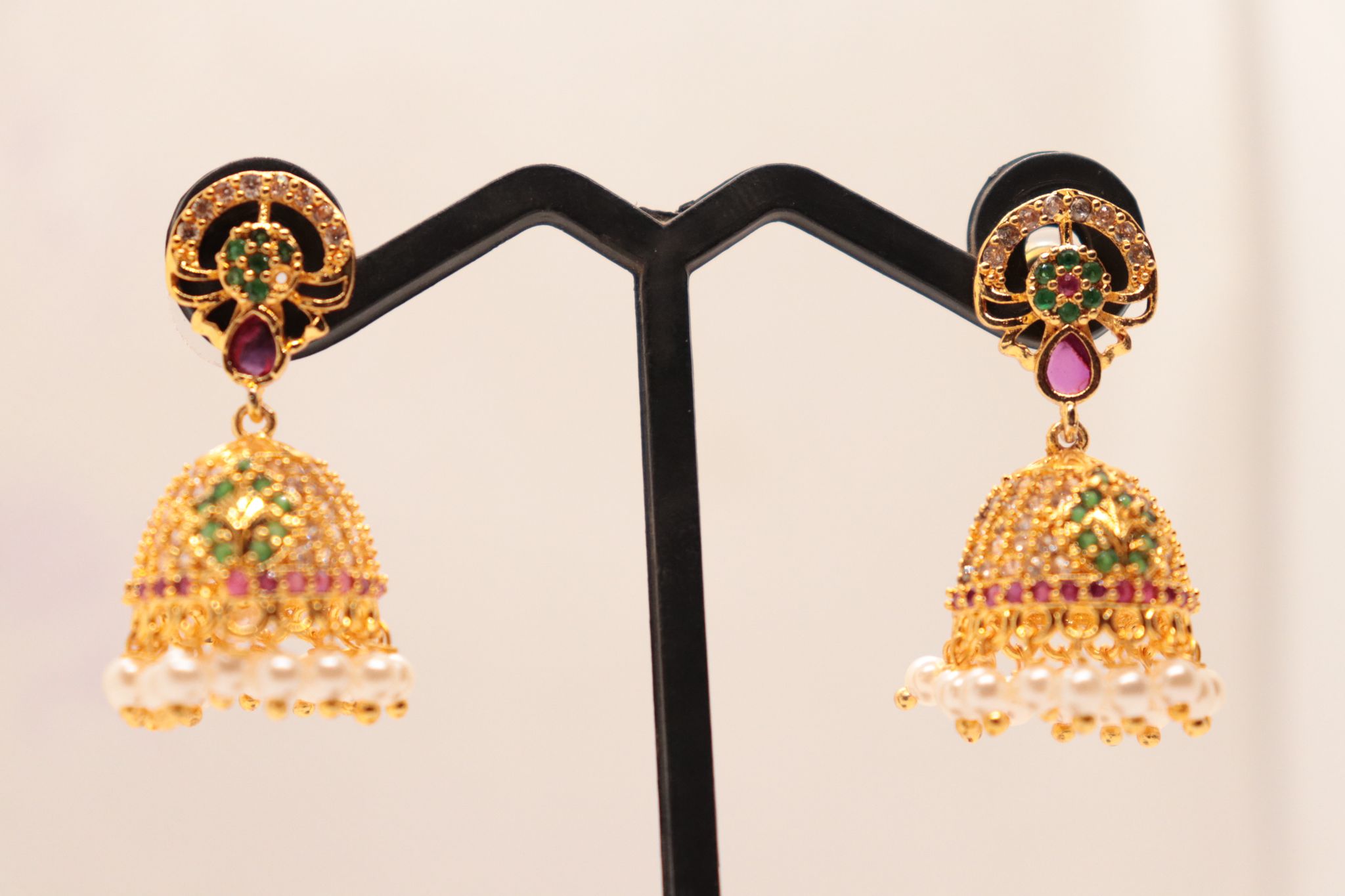 Jhumka Earrings with Ruby and Emerald Stones and Pearl Drops