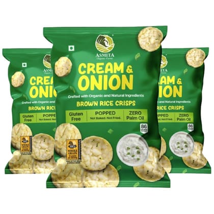 Asmita Organic Farms Brown Rice Popped Crisps Not Baked, Not Fried Healthy Snacks with Foxtail Millet Cream & Onion Flavor Low-Fat, High-Fiber, Low-Calorie Pack of 3 (55g Each)