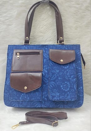 Blue Floral Print Canvas Tote Bag