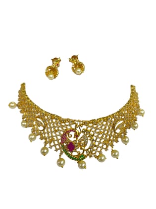  Gold-plated Kundan and pearl choker necklace set with earrings for women