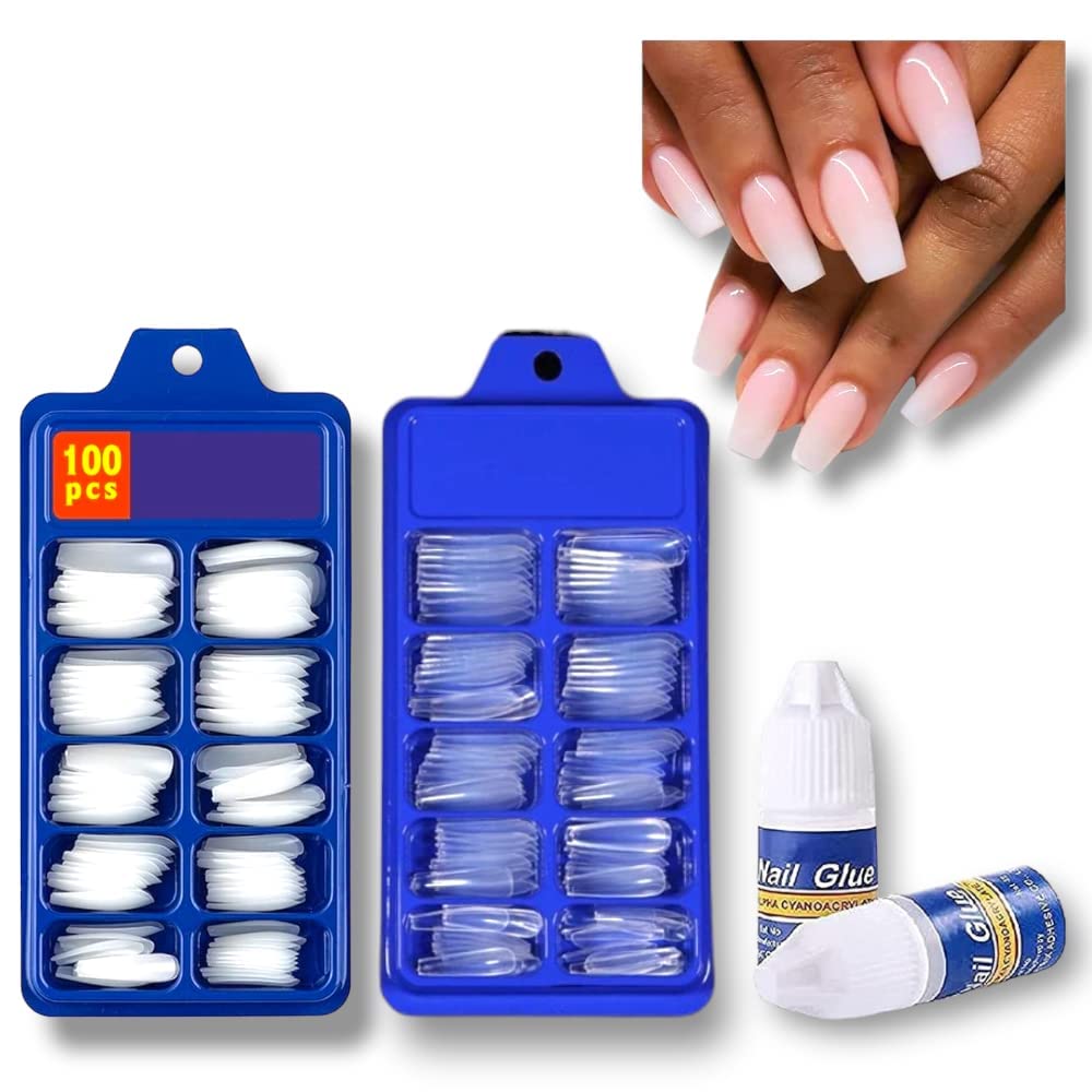 Professional 200-Piece Artificial Nails Set - 100 White & 100 Transparent with 2 Nail Glue Combo - Nail Salon Quality