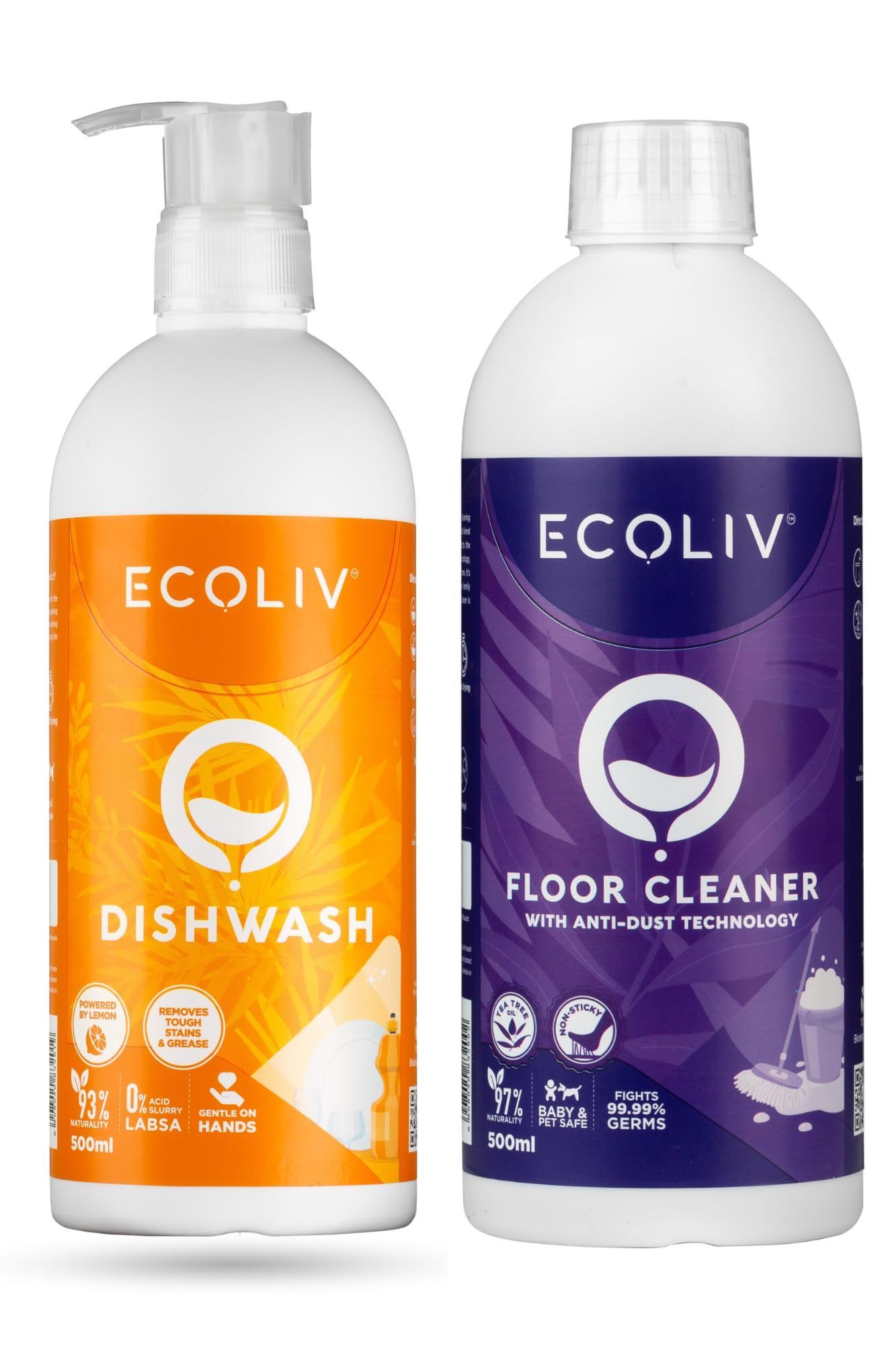 Ecoliv Liquid Dishwash Floor Cleaner (500 ml each) Combo Pack| Plant based and Ecofriendly| Acid Slurry Free| 93% Natural |Residue free surface cleaning