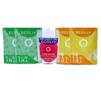 Ecoliv 1L Refill Pack of Liquid Handwash, Liquid Dishwash & Liquid Floor Cleaner|Concentrate Refill| Pack of 2x170 ml Liquid Handwash,2x170 ml Liquid Dishwash & 200 ml Liquid Floor Cleaner Concentrate