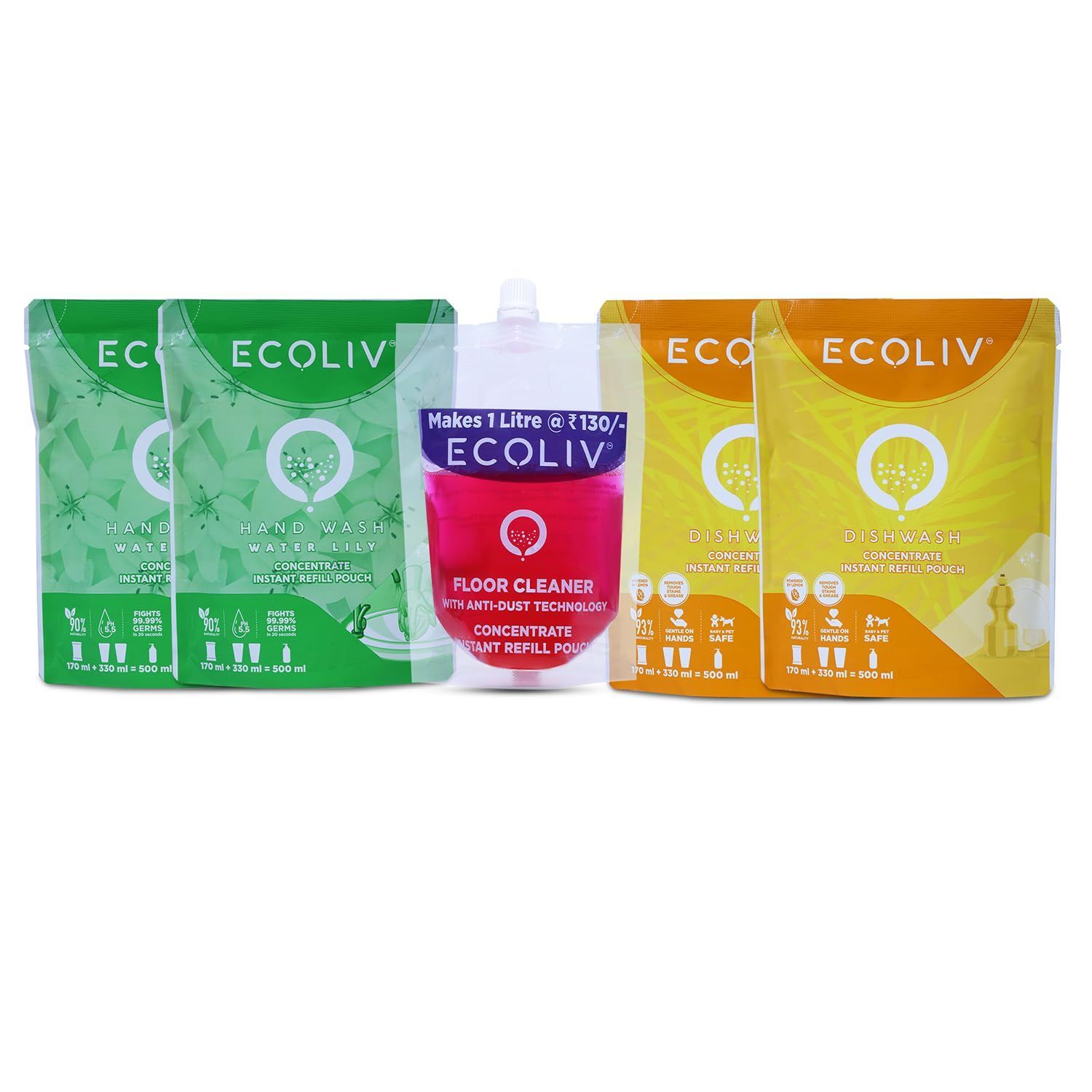 Ecoliv 1L Refill Pack of Liquid Handwash, Liquid Dishwash & Liquid Floor Cleaner|Concentrate Refill| Pack of 2x170 ml Liquid Handwash,2x170 ml Liquid Dishwash & 200 ml Liquid Floor Cleaner Concentrate