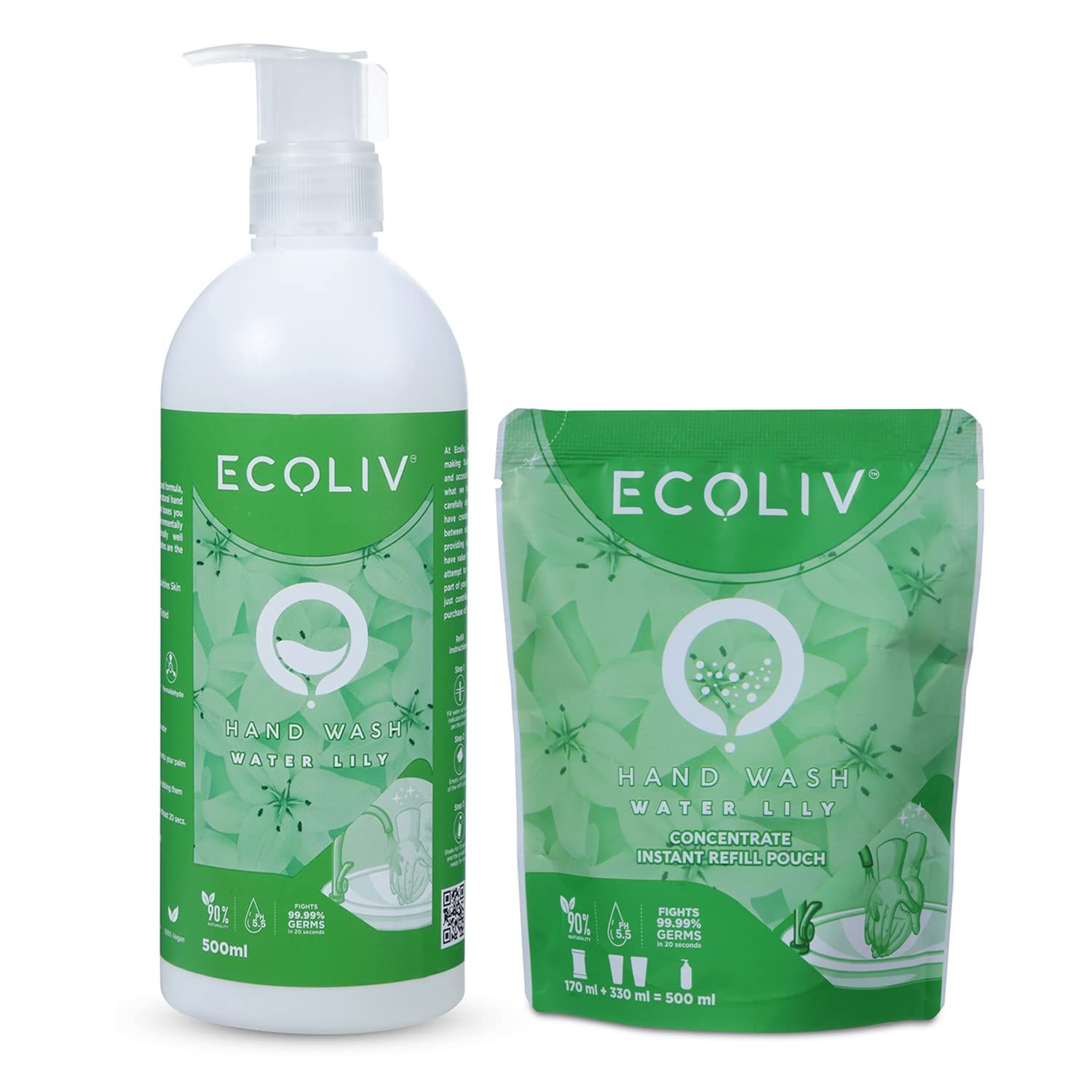 Ecoliv Water Lily Hand Wash 500 ml Combo Pack (Contains Dilution Bottle + Concentrate Instant Mix Refill Pack of 170 ml)(Add Water make 500 ml in 15 seconds)