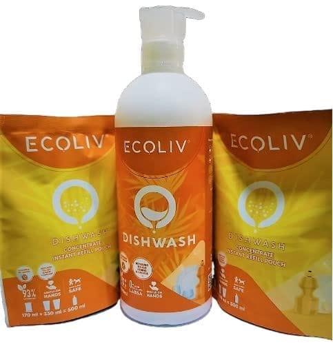 Ecoliv Liquid Dishwash Gel 1.5 Litre Combo Pack (500 ml Bottle + 2 Refill Packs of 170 ml that make 500 ml each)| Plant Based and Ecofriendly| No skin irritation