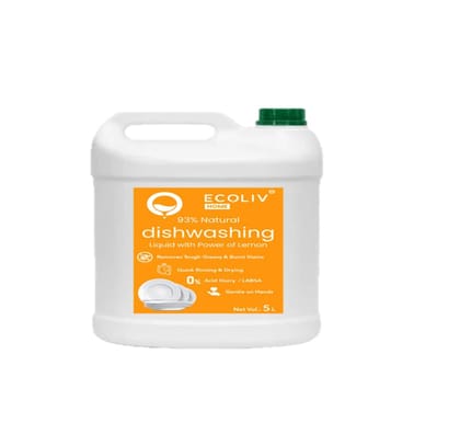 ECOLIV Home Liquid Dishwash Refill 5 Litre | Powered by Lemon | Removes Tough Stains and Grease | No skin irritation | Eco-Friendly Formula | Fresh Lemon Scent | Biodegradable Dishwashing Liquid