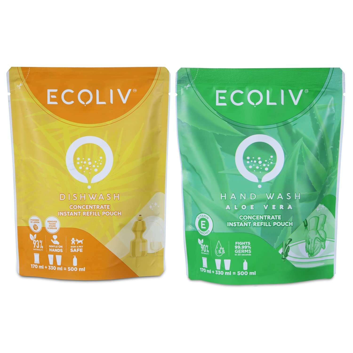 Ecoliv Dishwash Hand Wash Combo (Each makes 500 ml) (Aloe Vera Handwash with Dishwash, 170 ml Concentrate Refill Pack Add Water, Makes 500ml of Each)