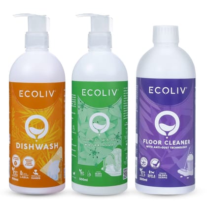 Ecoliv Liquid Dishwash, Floor Cleaner liquid & liquid Handwash (500 ml Bottle x 3)|Plant based| No skin irritation