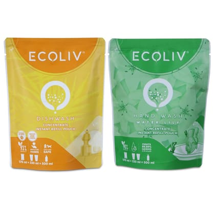 Ecoliv Liquid Dishwash HandWash Refill 500 ml x 2 Combo|Makes 500 ml Water Lily Liquid Hand Wash & 500 ml Liquid Dishwash (Pack of 2 X170 ml Refill Pouch)