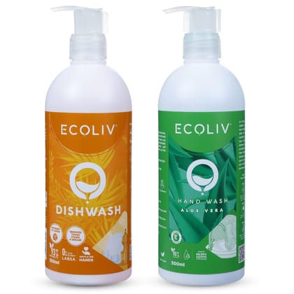 Ecoliv Liquid Dishwash & Aloe Vera Handwash Combo 500 ml Bottle Each| pH balanced| Gentle on Hands