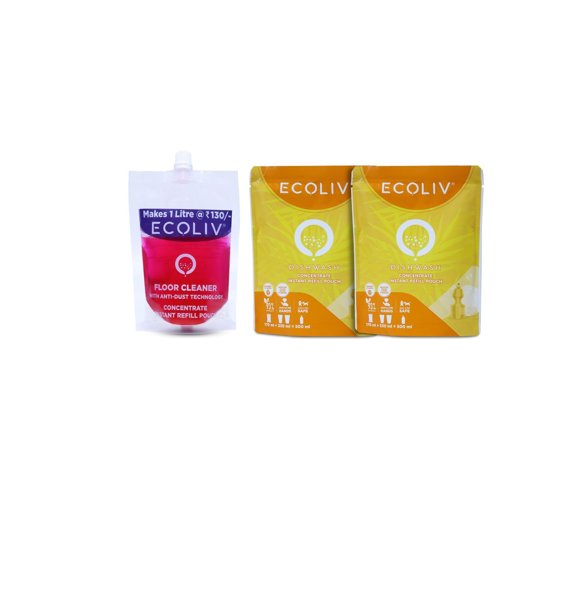 Ecoliv Liquid Floor Cleaner Dishwash 1 Litre Each Combo Refill Pack| 2 x 170 ml Dishwash + 200 ml Floor Cleaner Refills| Add Water Make 1 Litre Each