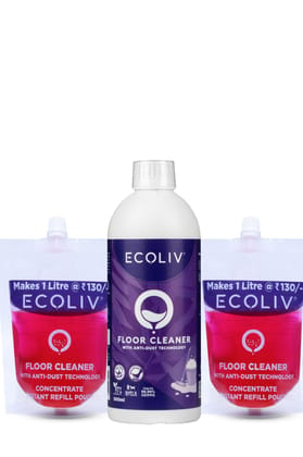 Ecoliv Floor Cleaner Liquid 2.5L Pack |1 Bottle of 500 ml and 2 Concentrate Refill Pouches that make 1 Litre each by adding water|Surface Disinfectant| Germ Protection