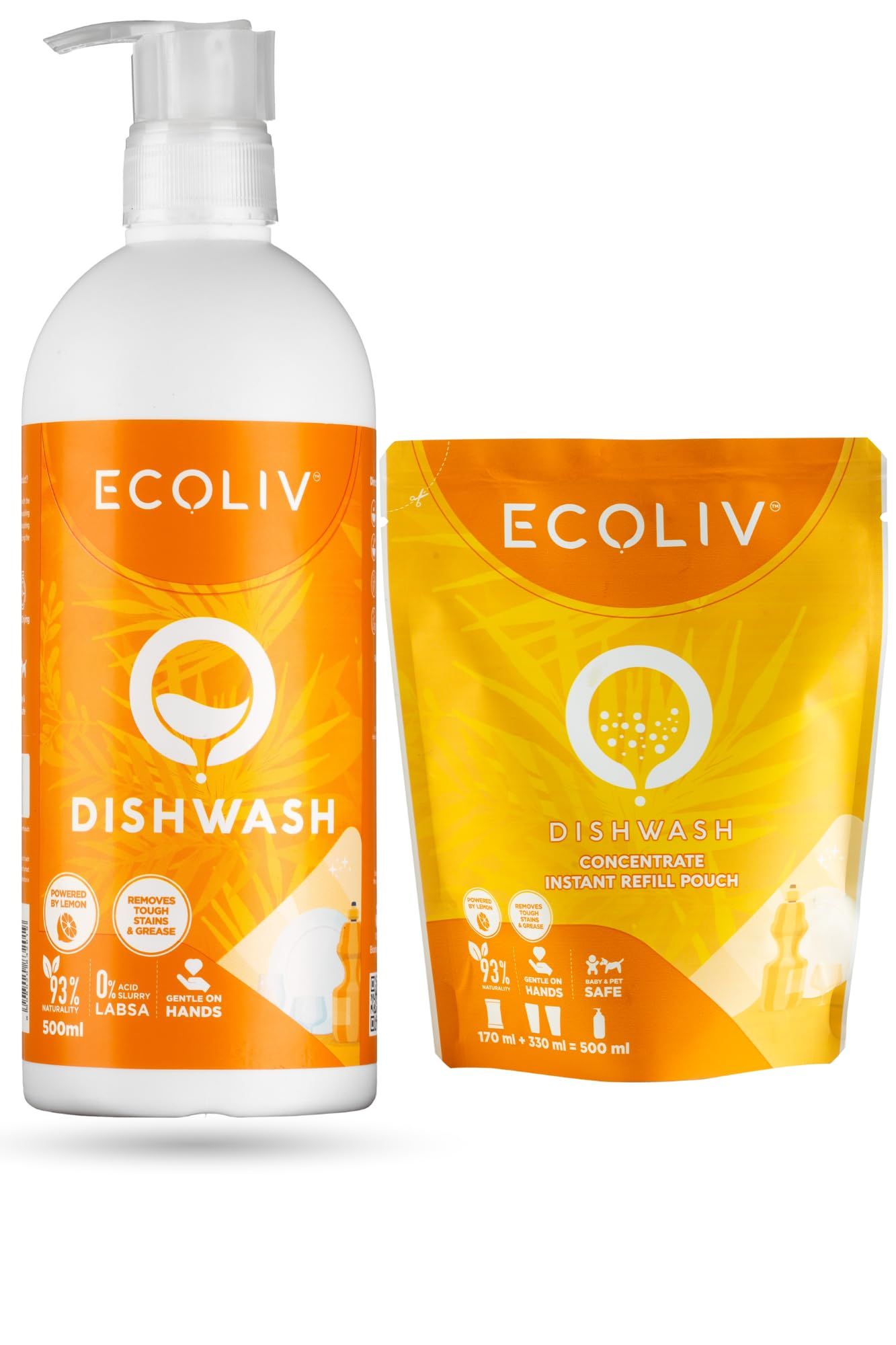 Ecoliv Liquid Dishwash 1 Ltr Combo|Ecofriendly & Plant based Dishwash liquid powered by Lemon|500 ml Bottle+170 ml Concentrate Refill Pouch| Removes tough stains & grease|93% Natural|0% Acid Slurry