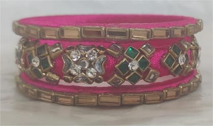 Pink Silk Thread Bangle with Kundan and Pearl Embellishment