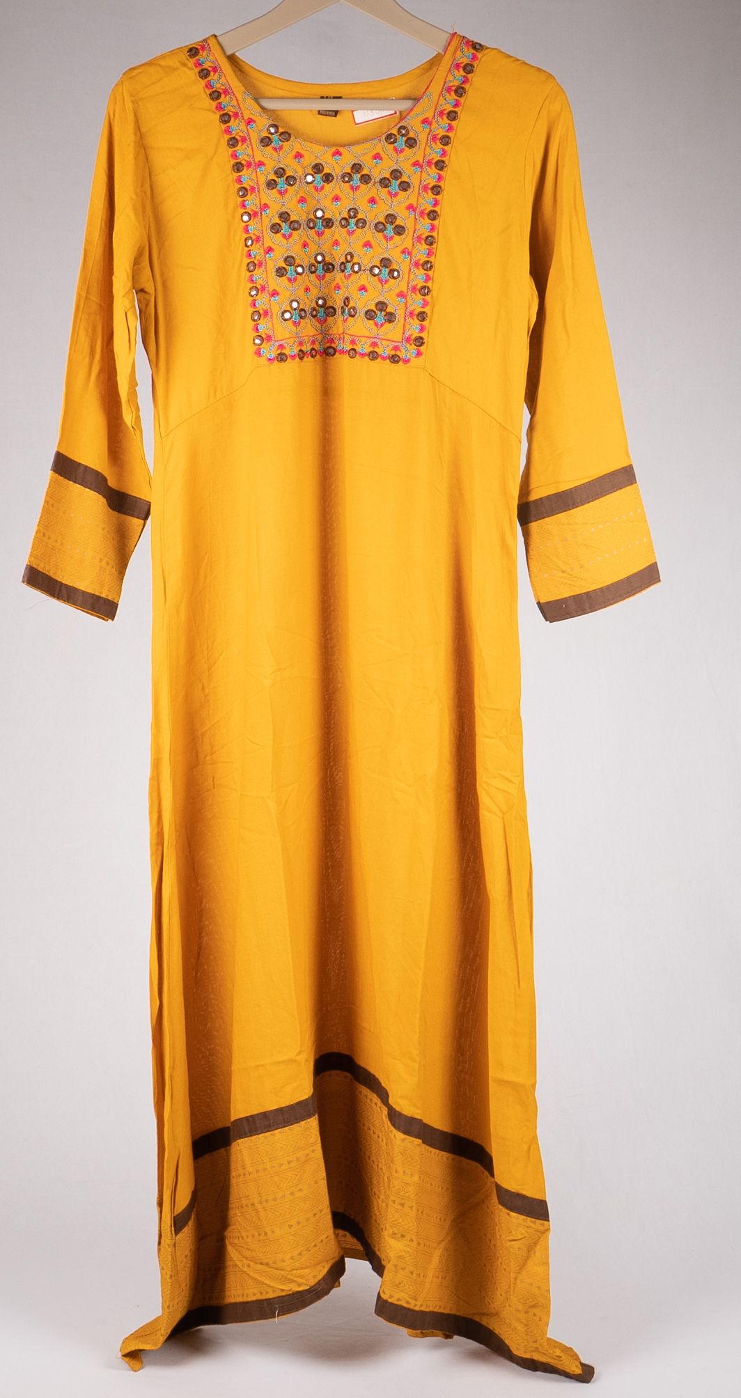 Women's Yellow Embroidered A-Line Kurta with Mirror Work