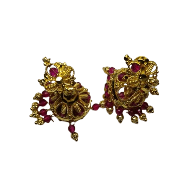 Gold Traditional Indian Jhumka Earrings with Pink Stones