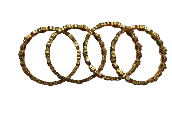  Gold Plated Green and Red Stone Bangle Set of 4