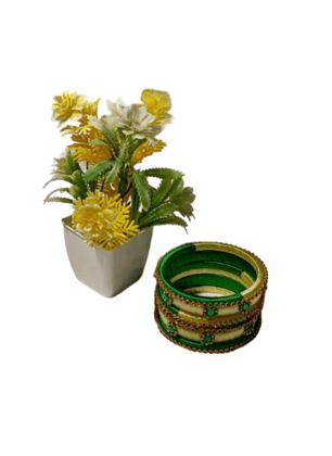  Green and Cream Silk Thread Bangles with Stone Detailing