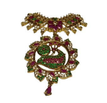 Gold Pendant Necklace with Intricate Peacock Design and Ruby and Emerald Stones"