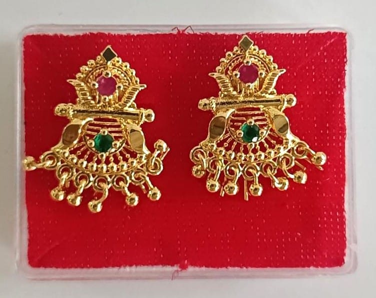 Gold Plated Traditional Indian Earrings with Red and Green Stones (Small)