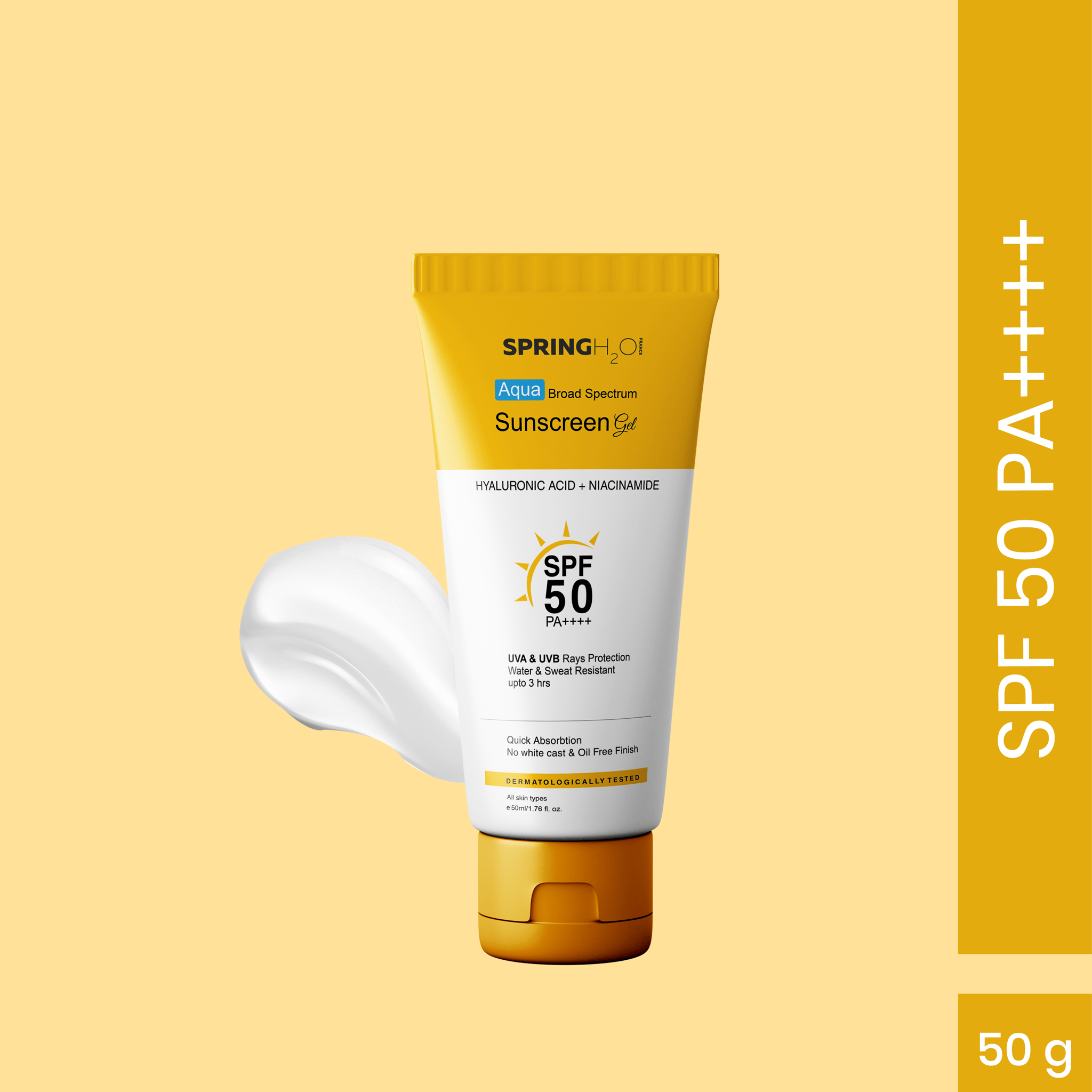 Spring H2O Aqua Broad Spectrum Sunscreen Gel SPF 50 PA++++ with Hyaluronic Acid + Niacinamide for UVA & UVB Rays Protection