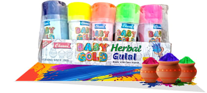 Festivblush BABY GOLD herbal gulal made with corn starch | Pink, Green, Orange, Yellow, Blue | 80g x 10 Jars