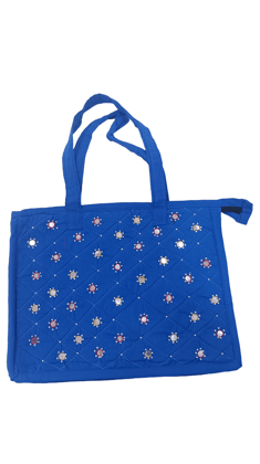  Blue Hand Embroidered Cotton Tote Bag with Mirror Work