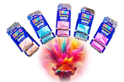 Festivblush Neon Shimmering Gulal | Orange, Green, Red, Blue, Pink | 30g x 10 Packets | Non toxic Holi Gulal Colour