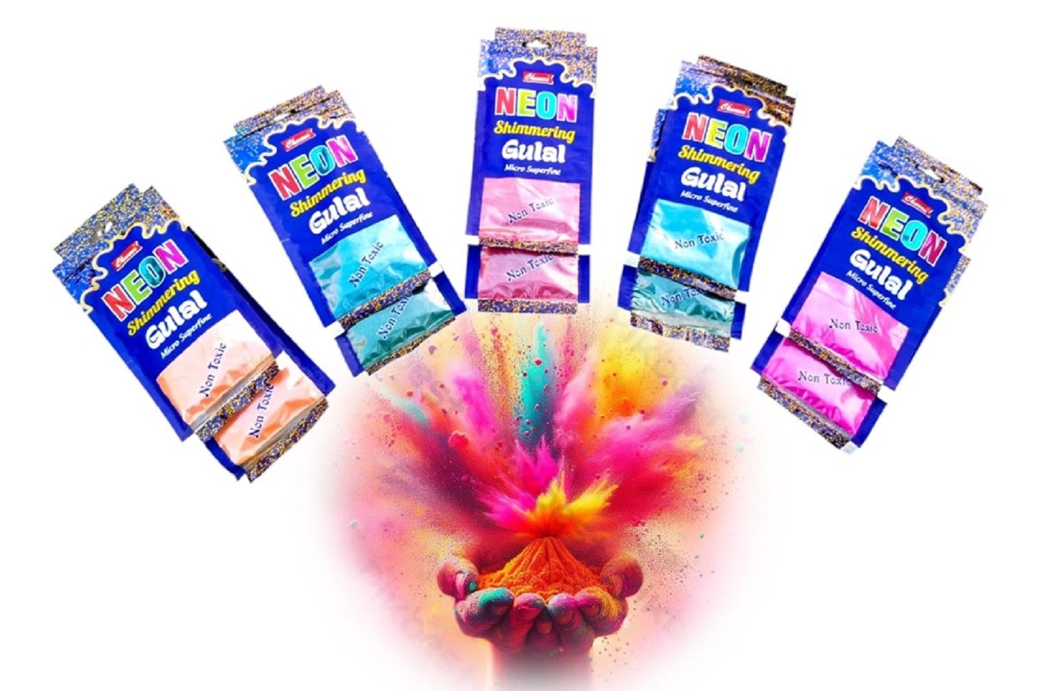 Festivblush Neon Shimmering Gulal | Orange, Green, Red, Blue, Pink | 30g x 10 Packets | Non toxic Holi Gulal Colour