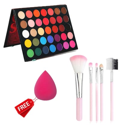 Eyeshadow Palette 35 Color Makeup Palette Highlighters With 5 Pcs Pink Makeup Brushes And Free 1 Beauty Blender Sponge