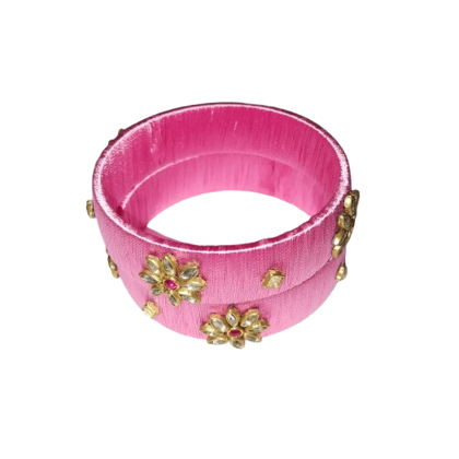 Pink Silk Thread Bangle Set with Kundan Stones for Women and Girls