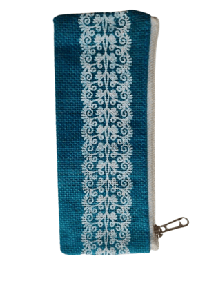 Handcrafted Blue Jute Pencil Pouch with White Floral Embroidery and Zipper Closure