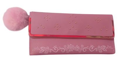  Women's Pink Faux Leather Wallet with Fur Ball Key Chain