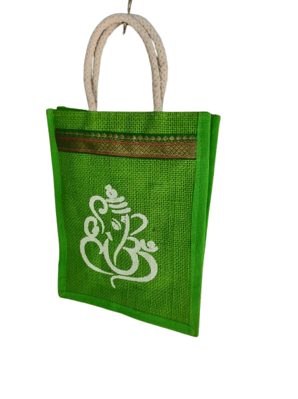 Green Jute Bag with White Ganesha Design