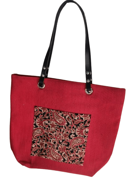 Red Canvas Tote Bag with Black Leather Handles