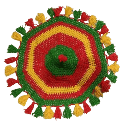  Handmade crochet cotton doily with red, green, and gold accents