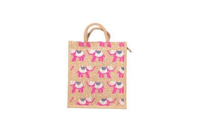 Jute Bag with Pink Elephant Print, Eco-Friendly