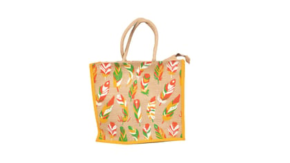 Jute Tote Bag with Colorful Feather Print and Yellow Trim