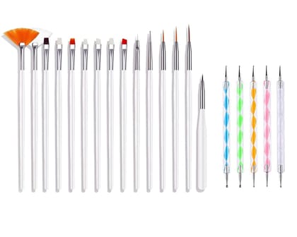 15 Pieces Nail Art Brush Set for Detailing, Striping, Blending, Nail Art, 3D-Gel Painting, 1 Set Dotting Pen For Fan and Liner, 5Pcs 2 Way Dotting Pen Tool Set Nail Art Tip, Multicolor