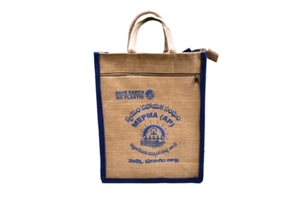 Jute Bag with Zipper and Blue Trim