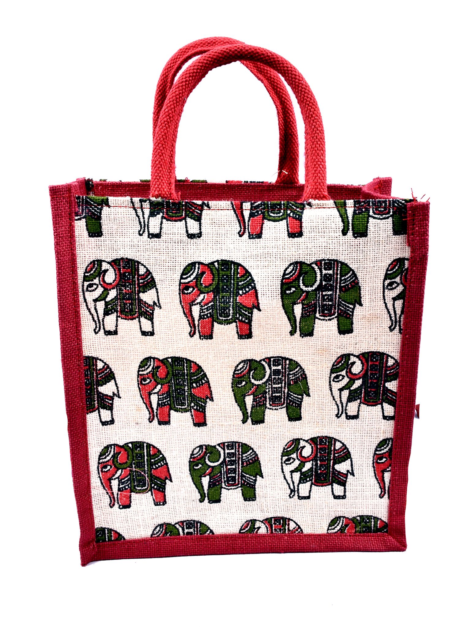 Handcrafted Jute Tote Bag with Colorful Elephant Print