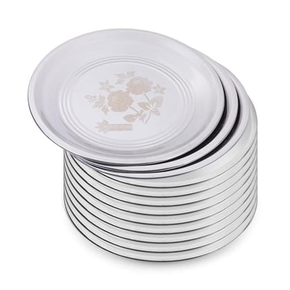 PRAKASH Stainless Steel China Plates | Mirror Finish | Diameter - 25.4cm | Set of 12pcs