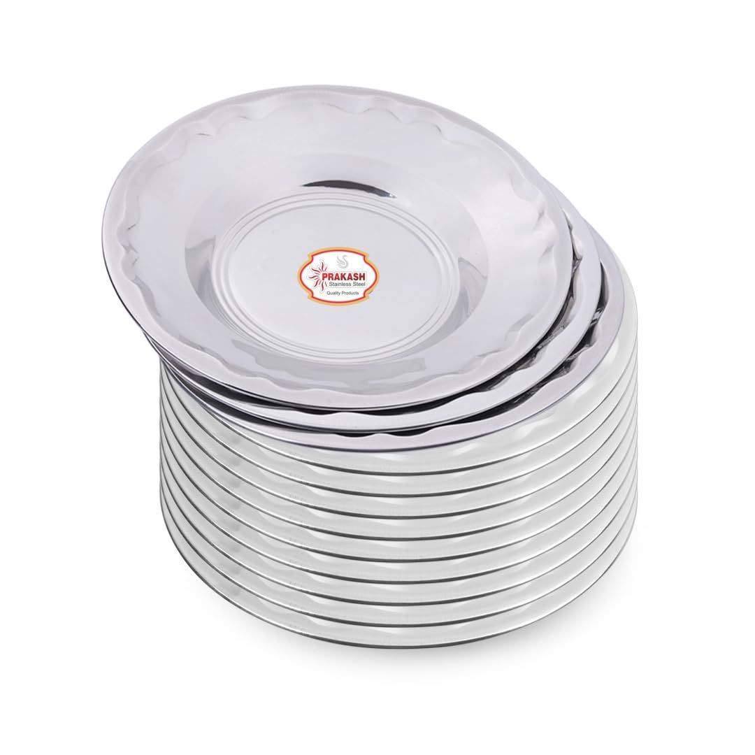 PRAKASH Stainless Steel Soup/Rice/Pasta/Breakfast Plates | Mirror Finish | Diameter - 20.30cm | Set of 12Pcs