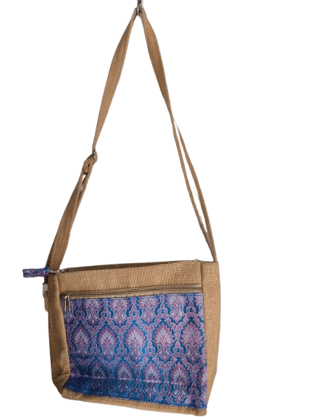 Handcrafted Jute Sling Bag with Blue Paisley Print