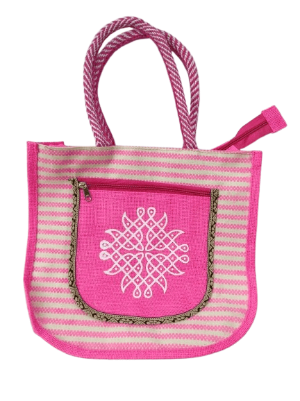 Pink Hand Embroidered Jute Tote Bag with Zipper and Front Pocket