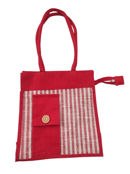 Red and White Striped Jute Tote Bag with Button Closure