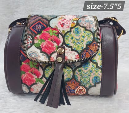 Floral Barrel Sling Bag with Tassel and Zipper Closure