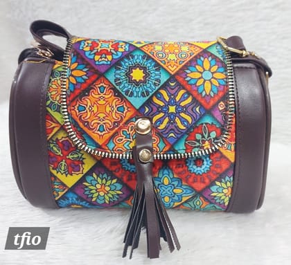 Colorful Floral Patterned Barrel Sling Bag with Tassel